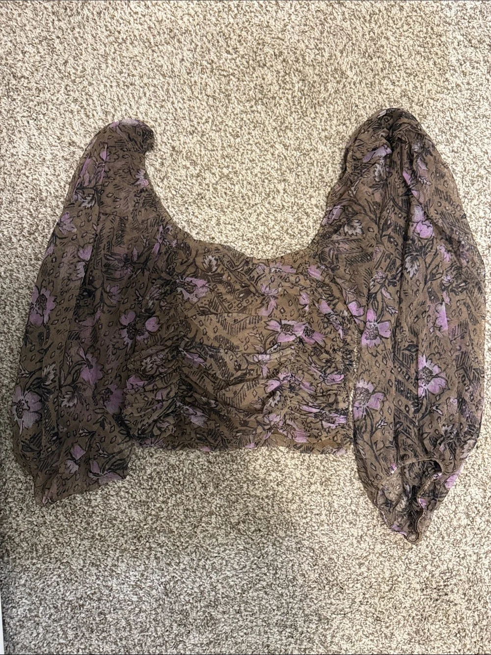 Free People Brown Crop Top with Purple Floral Print